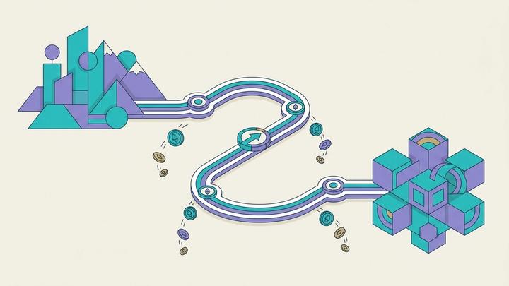 Illustration of a payment travelling along a winding path between two places, with coins falling away at checkpoints along the route