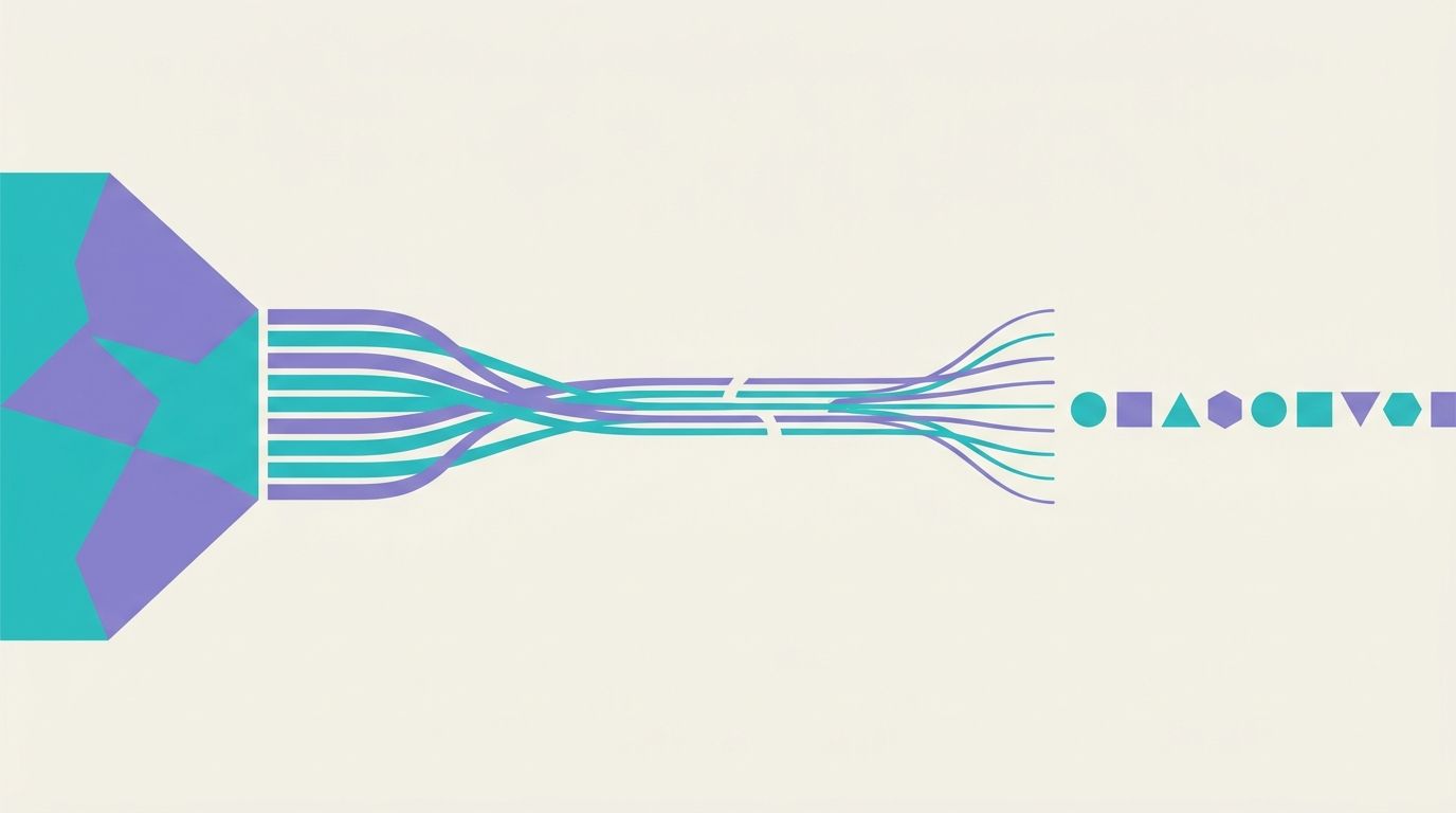 Illustration of one large payment splitting into several smaller streams that reach a row of separate recipients, representing a single transfer divided between many contractors