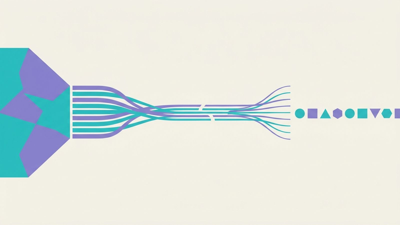 Illustration of one large payment splitting into several smaller streams that reach a row of separate recipients, representing a single transfer divided between many contractors