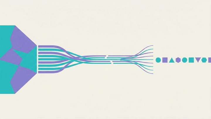 Illustration of one large payment splitting into several smaller streams that reach a row of separate recipients, representing a single transfer divided between many contractors