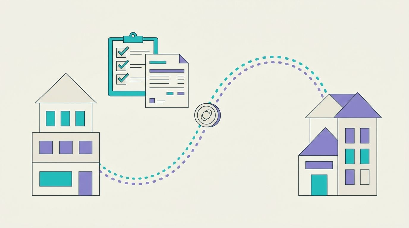 Illustration of a ticked checklist beside an invoice, with a payment travelling along a dotted path between two buildings