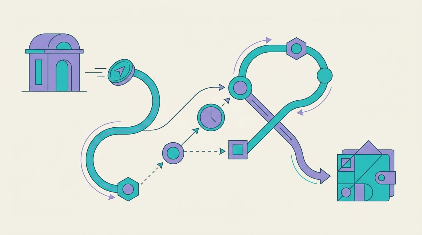 Illustration of a payment travelling a winding, multi-hop route from the UK to India, with a clock motif representing transfer timing