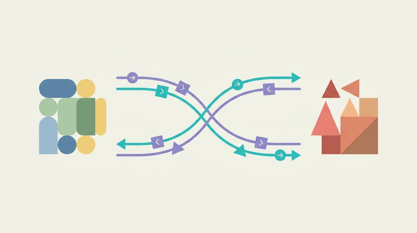 Illustration of two payment routes, one teal and one purple, crossing at a single point to represent two cost curves that intersect