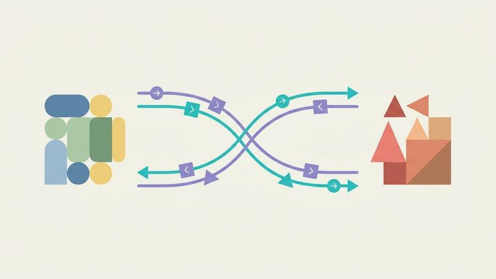 Illustration of two payment routes, one teal and one purple, crossing at a single point to represent two cost curves that intersect