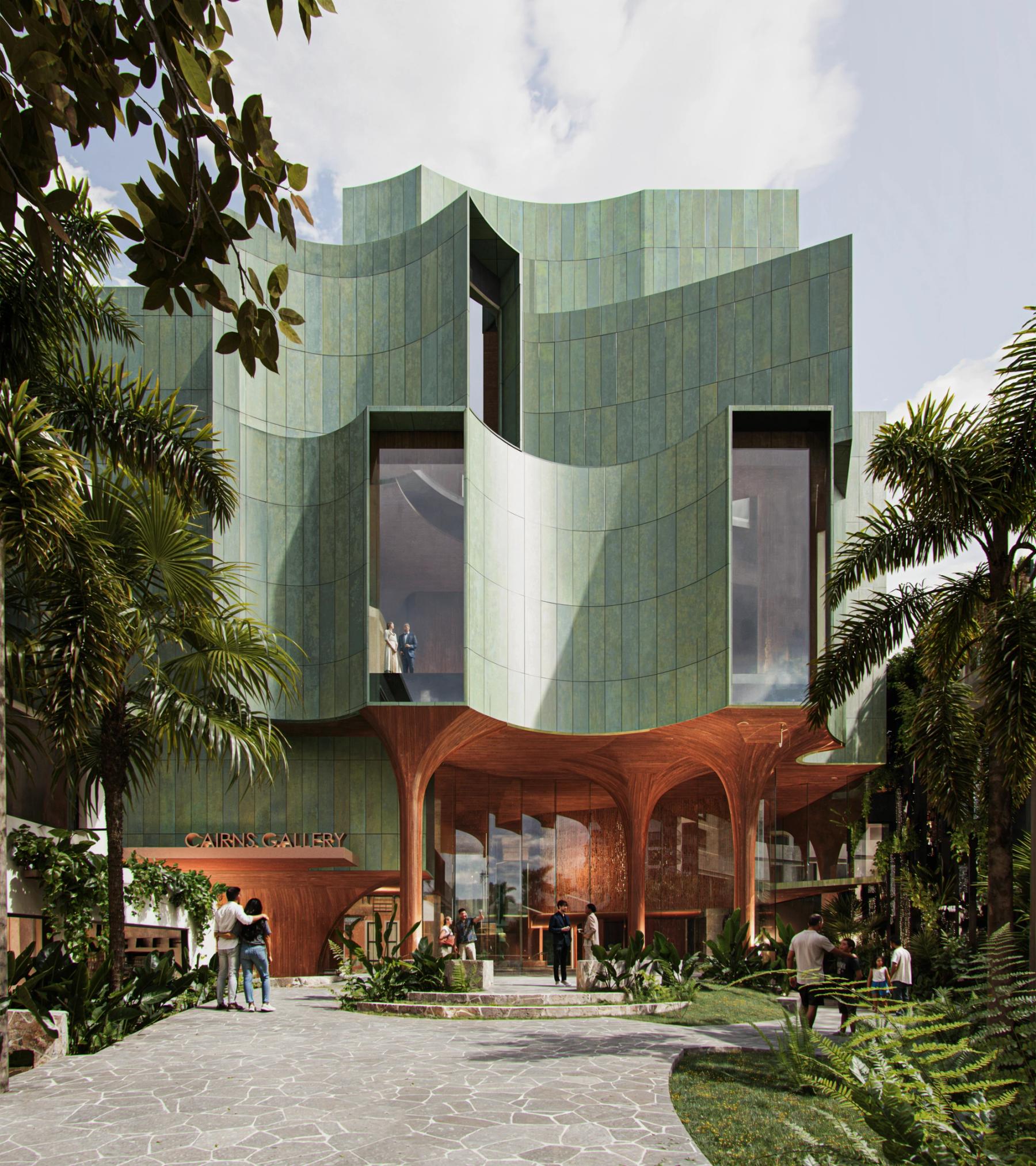 Front on render of Cairns Gallery Precinct featuring a green wave-like facade and large glass windows, the entrance features wooden pillars and lush greenery surrounds a path.