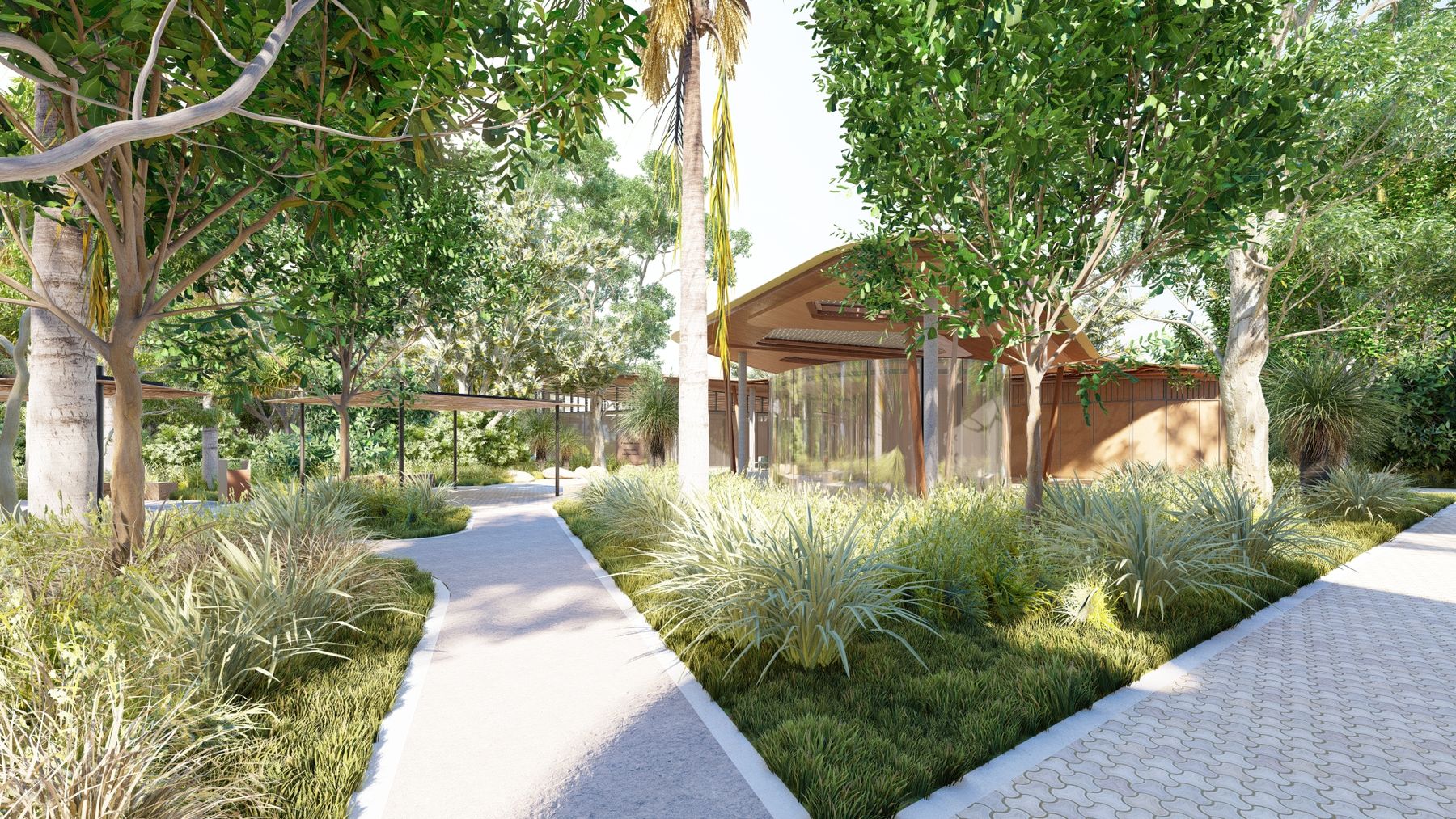 Pathway leading to a curved timber building with a patterned canopy, surrounded by trees.