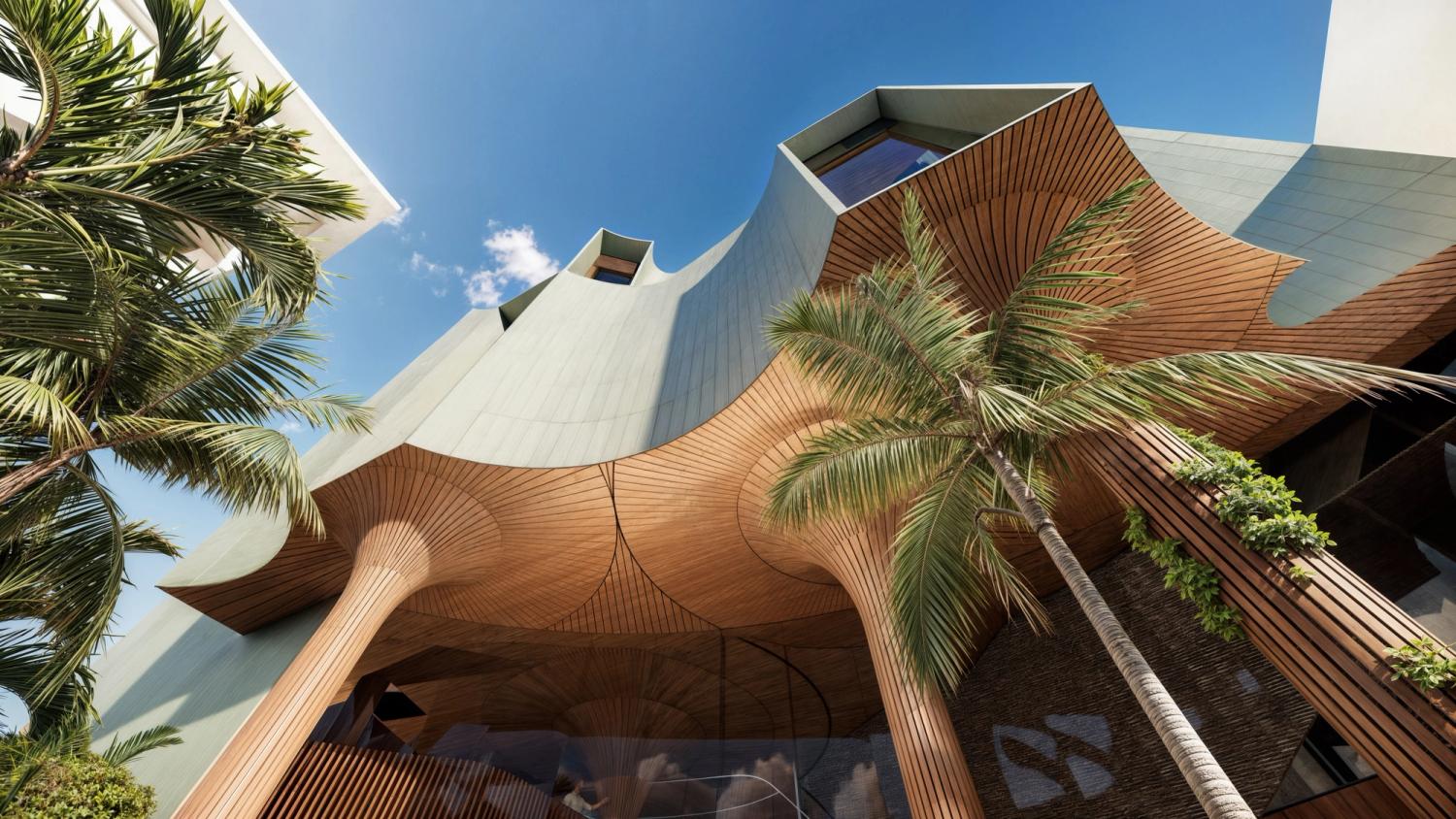 Looking up at a render of Cairns Gallery Precinct featuring a curved building, wooden pillars and accents and tall palm trees with blue skies in the background.