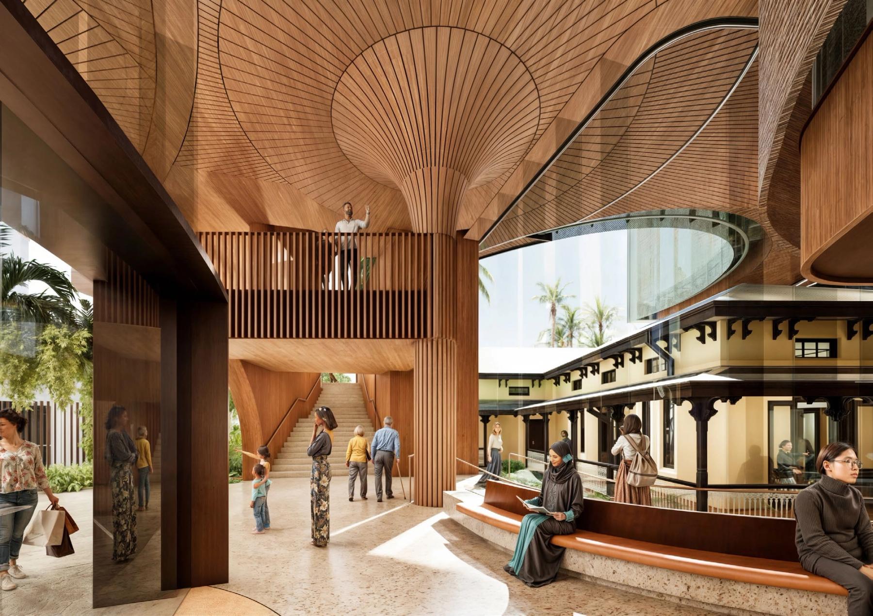 Internal render of Cairns Gallery Precinct entrance featuring curved wooden architectural elements, open spaces and palm trees peeking through, people are featured throughout.
