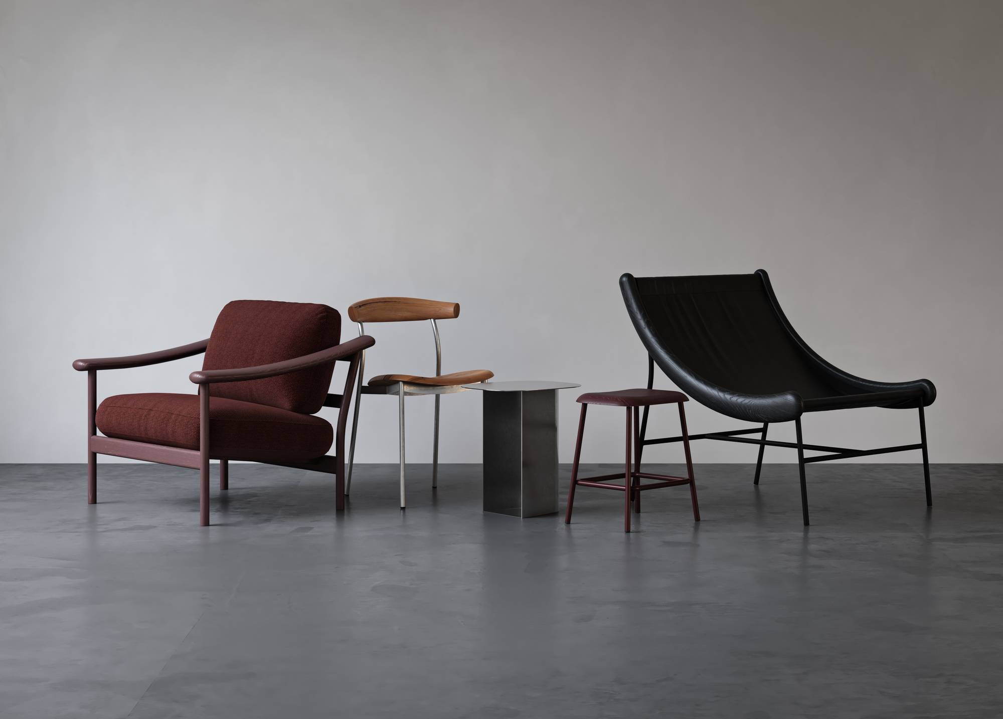 Various chairs, stools and side tables from the Elements by Blaklash collection