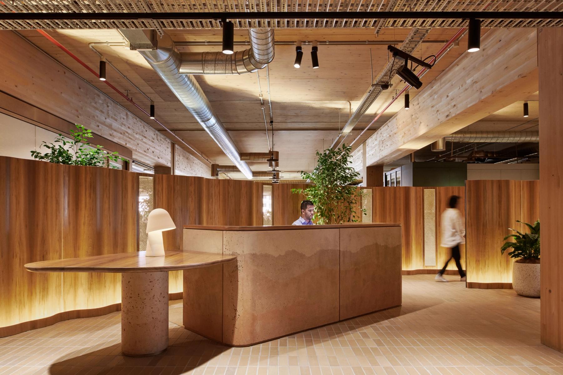 Office reception area with curved concrete and timber desk, wood panelling and indoor plants, one person seated at the desk while another walks past in the background.