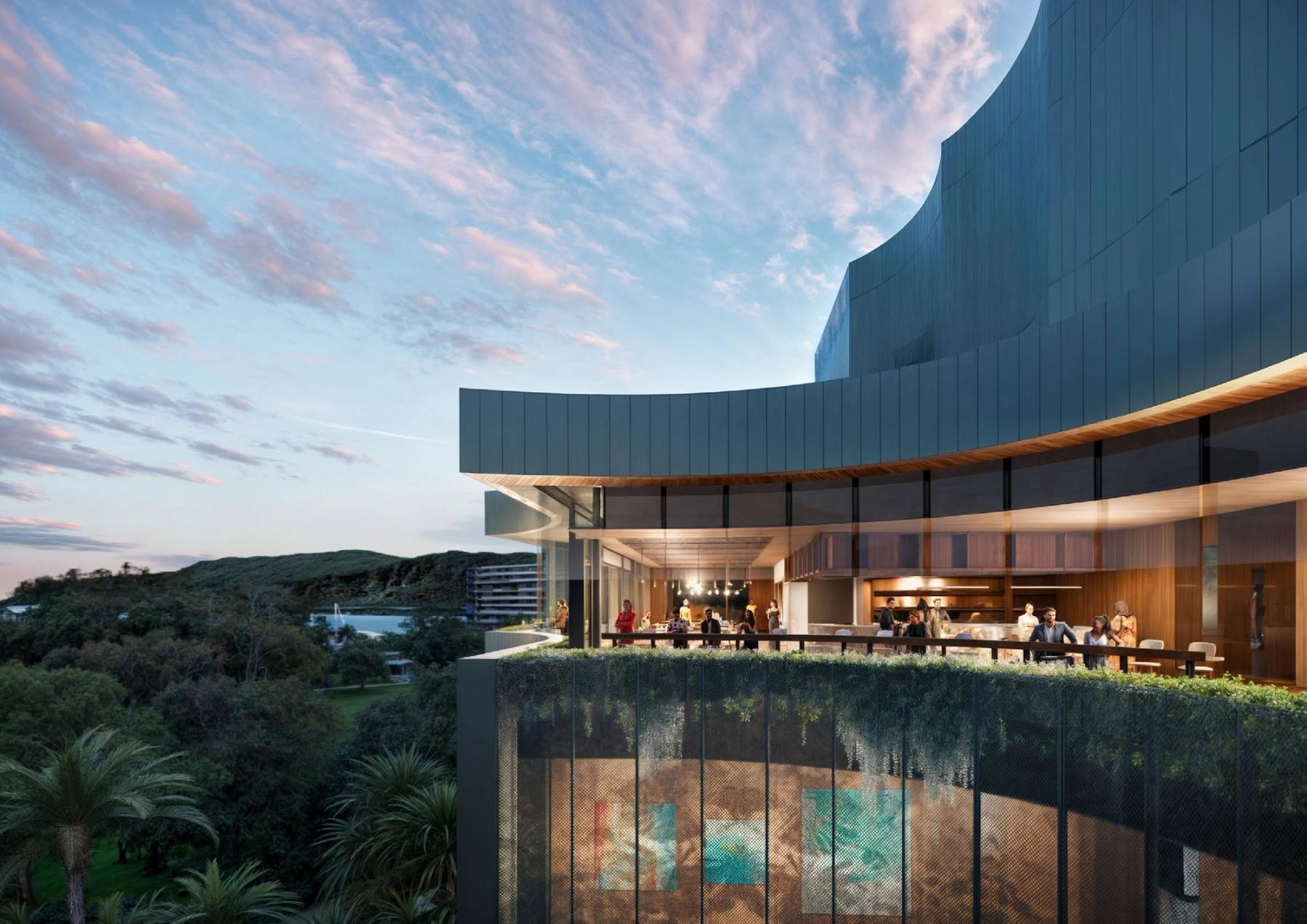 Outside render of Cairns Gallery Precinct upper levels featuring people on a balcony overlooking lush greenery at sunset.