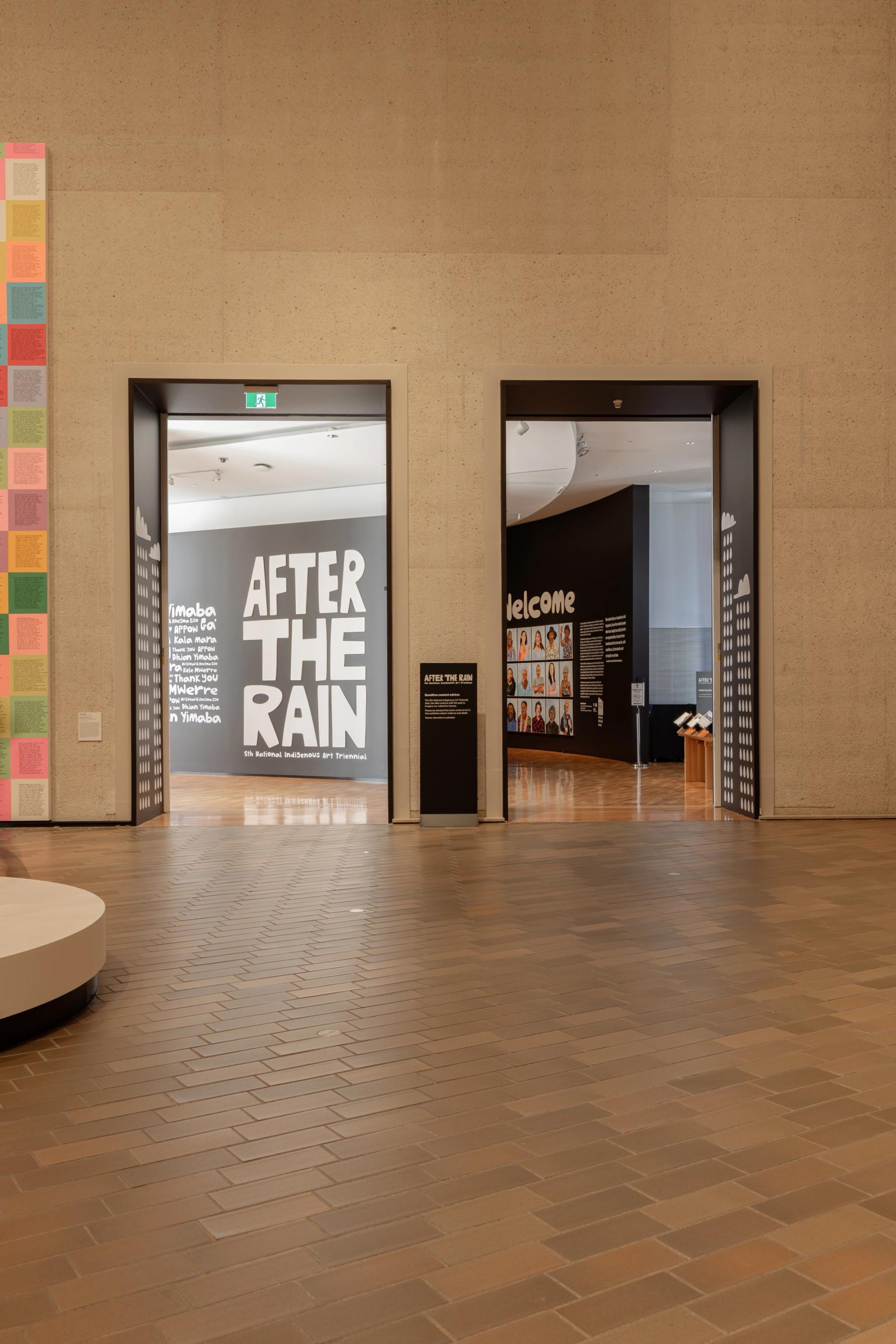 Two doorways leading into the After the Rain exhibition