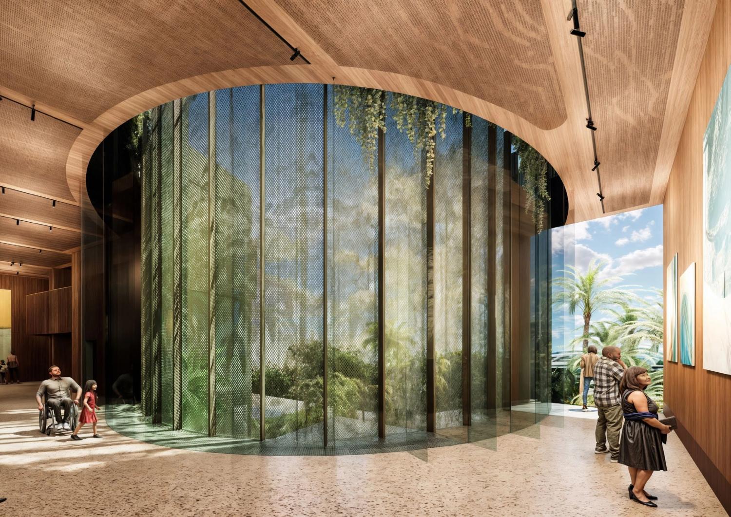 An internal render of Cairns Gallery Precinct showing high wooden ceilings and a curved, customised perforated screen feature with lush greenery against a sky backdrop, people are featured throughout enjoying the space.