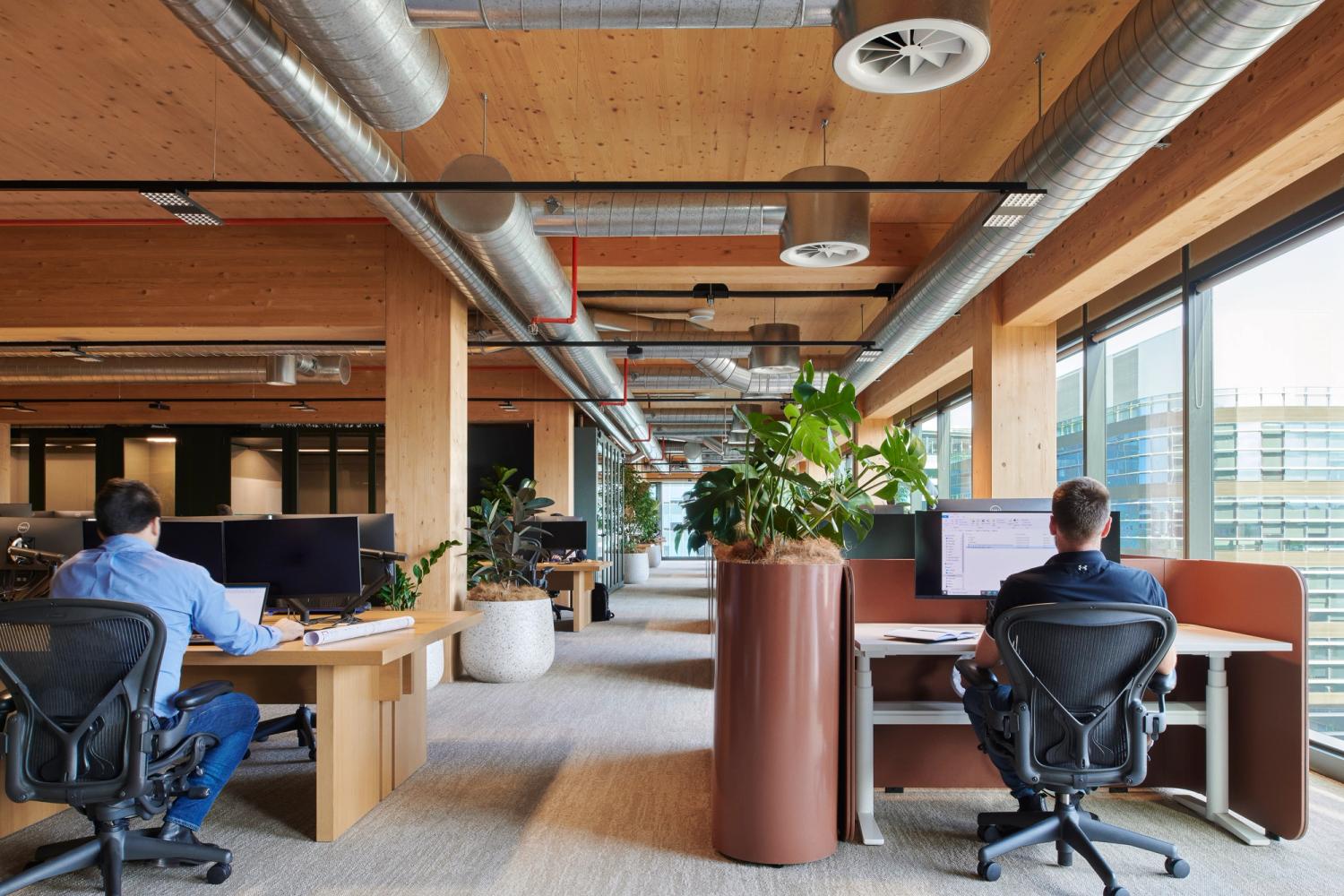 Office space with wooden beams, large windows and indoor plants, two people work at desks on computers.