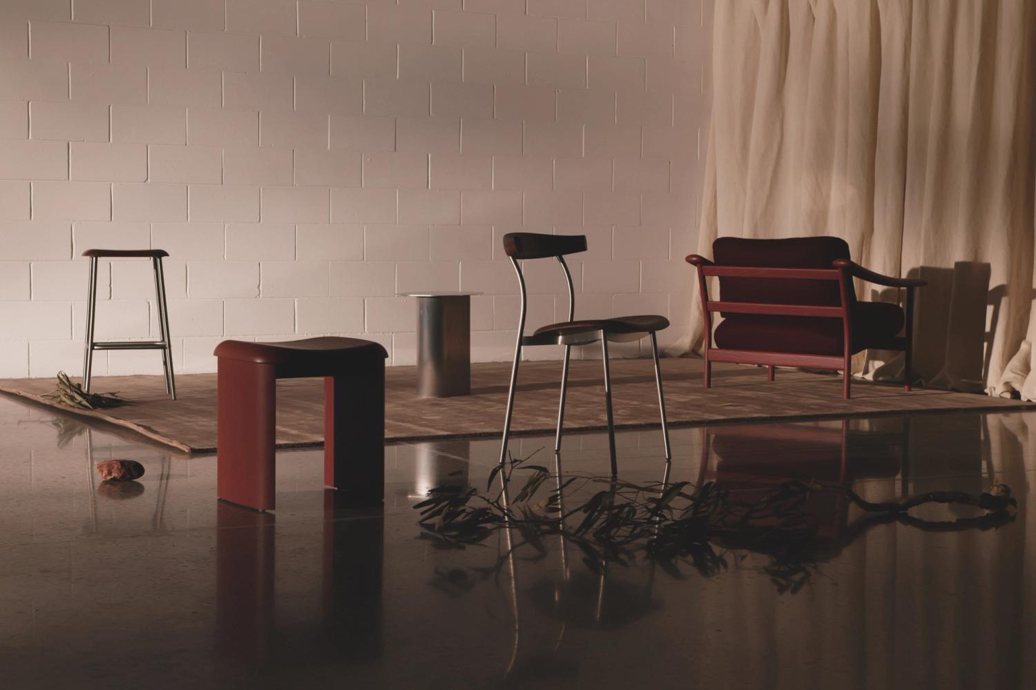 Styled shot of the Elements by Blaklash furniture collection including chairs, stools and side tables