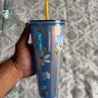 Vaso Tumbler de Plástico con Diseño de Flores Naranjas y Popote Amarillo