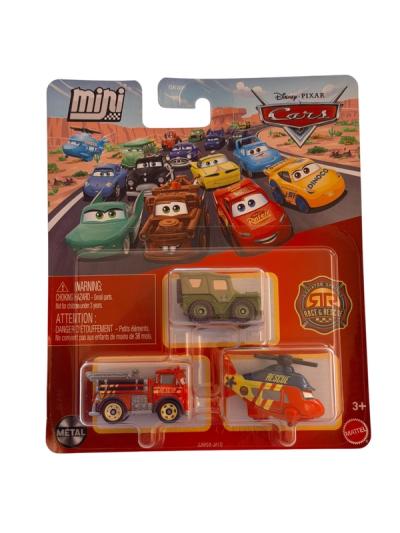 Empaque de Disney Pixar Cars mini racers con tres vehiculos metalicos: un jeep verde, un camion de bomberos rojo y un helicoptero naranja.