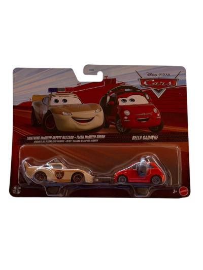 Empaque de Mattel con dos autos de Cars: uno beige patrulla y uno rojo con auriculares