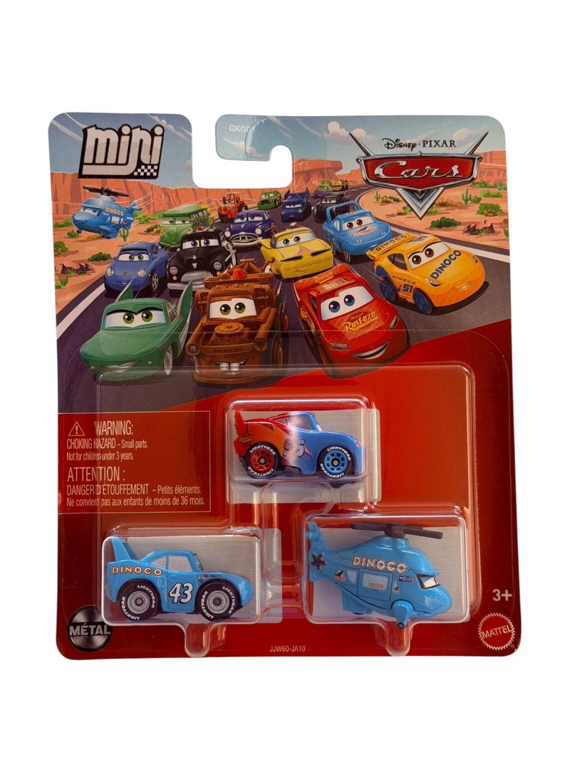 Set de tres autos miniatura metálicos de Cars Disney Pixar en empaque rojo con azul, incluyendo helicóptero Dinoco y Rayo McQueen.