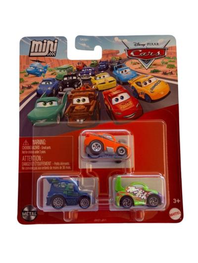 Blister rojo de Mattel con tres carritos miniatura de Disney Pixar Cars en colores naranja, azul y verde con morado.