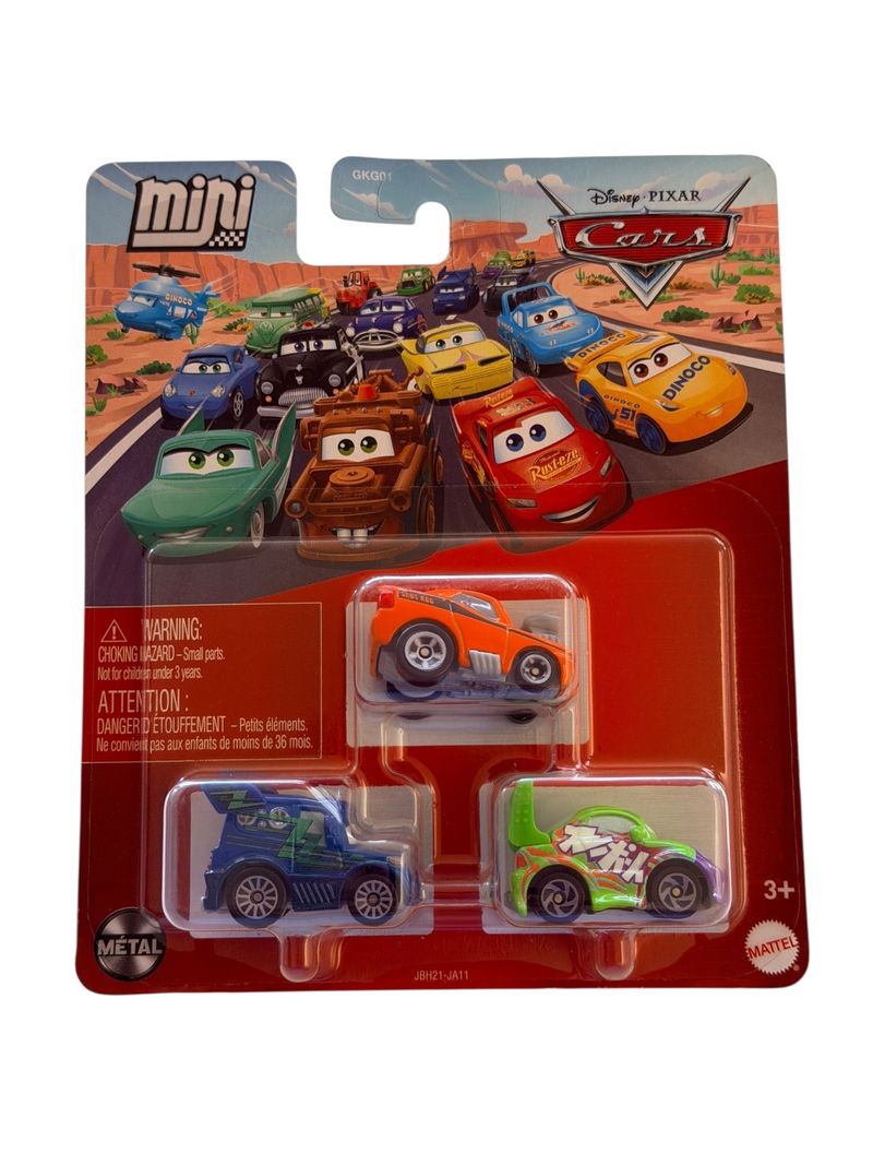 Blister rojo de Mattel con tres carritos miniatura de Disney Pixar Cars en colores naranja, azul y verde con morado.