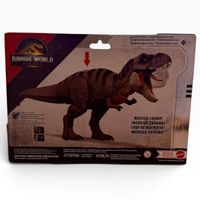 Figura de T-Rex marrón oscuro de Jurassic World en su caja con detalles rojos y amarillos