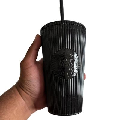 Vaso Starbucks Negro Con Textura Rayas Y Popote 16 Onzas