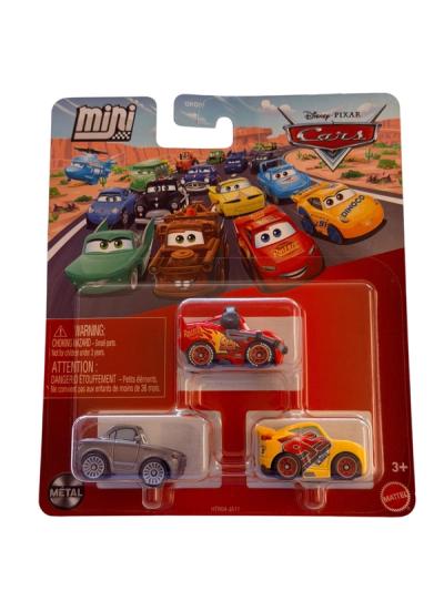 Empaque de Disney Pixar Cars Mini Racers con tres autos de metal de Rayo McQueen, Cruz Ramirez y un auto gris