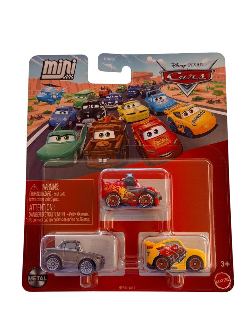 Empaque de Disney Pixar Cars Mini Racers con tres autos de metal de Rayo McQueen, Cruz Ramirez y un auto gris