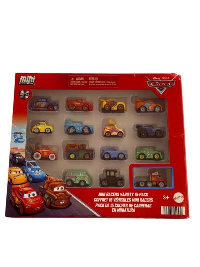 Set de 15 vehículos metálicos Mini Racers de Cars en caja roja con ventana transparente y personajes variados.