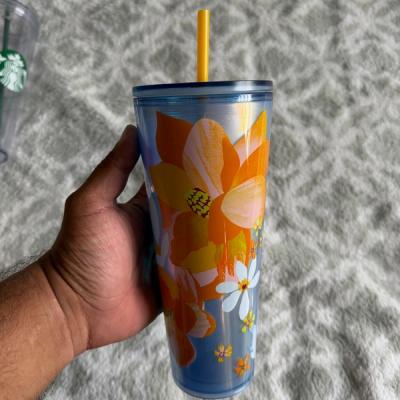 Vaso Tumbler de Plástico con Diseño de Flores Naranjas y Popote Amarillo