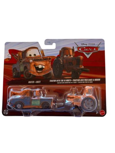 Empaque de Cars con Mater y Tractor con neumático en la boca de Mattel