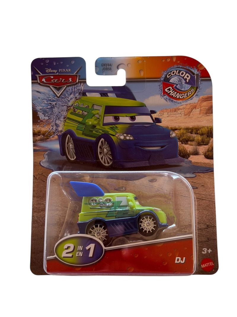 Empaque de Mattel Cars Color Changers con el auto DJ en verde y azul, alerón y etiqueta 2 in 1