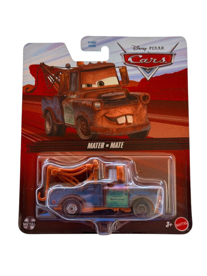 Empaque de Cars de Disney Pixar con vehículo de metal de Mater Mate en tonos café y azul