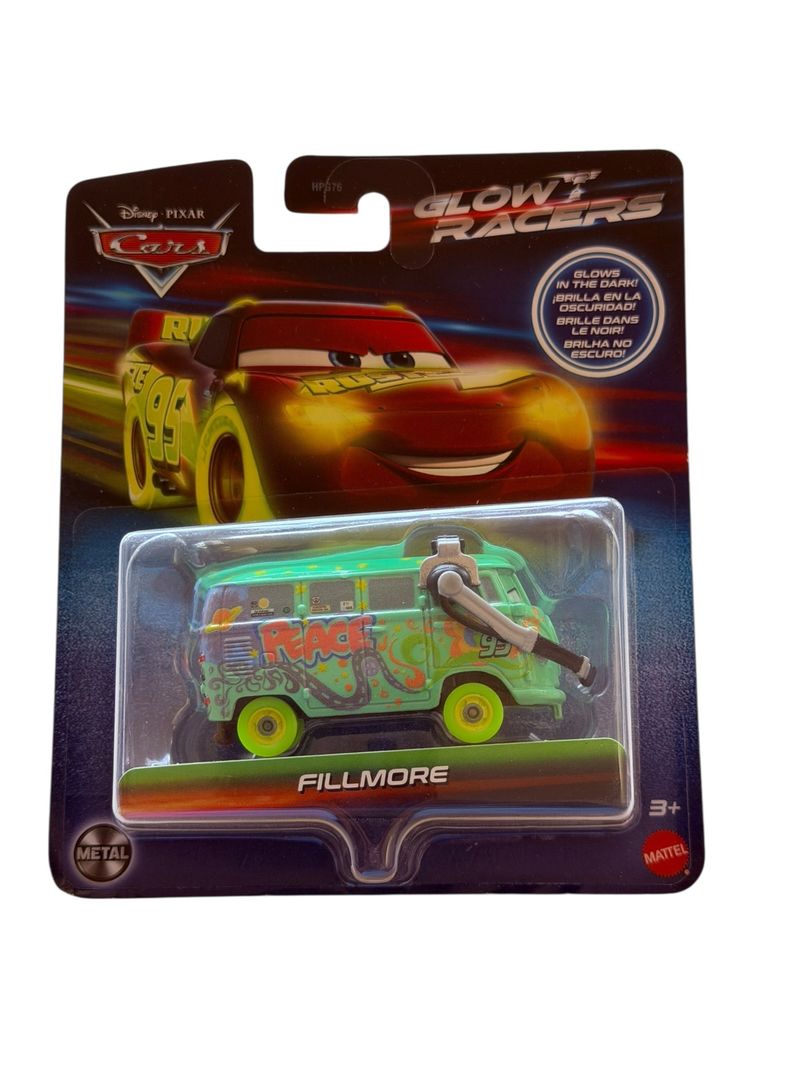 Auto de juguete Fillmore de Cars verde menta con diseño psicodélico en empaque de la serie Glow Racers