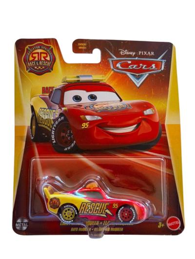 Auto de metal Rayo McQueen rojo y amarillo con sirena de rescate en empaque de Cars Radiator Springs