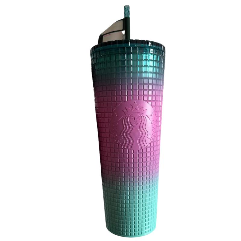 Vaso Starbucks Cold Cup Texturizado Degradado Verde y Rosado con Popote