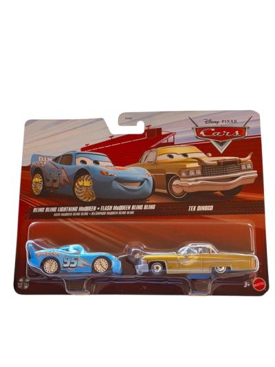 Set de dos autos de metal Mattel Disney Pixar Cars: Rayo McQueen azul brillante y Tex Dinoco dorado en su empaque.