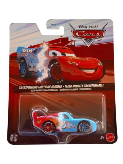 Empaque de Mattel Disney Pixar Cars con auto a escala de Rayo McQueen transformable mitad rojo y mitad azul Dinoco