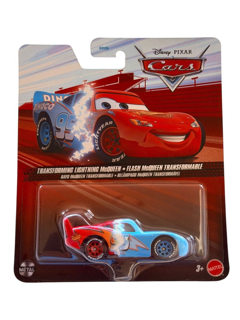 Empaque de Mattel Disney Pixar Cars con auto a escala de Rayo McQueen transformable mitad rojo y mitad azul Dinoco
