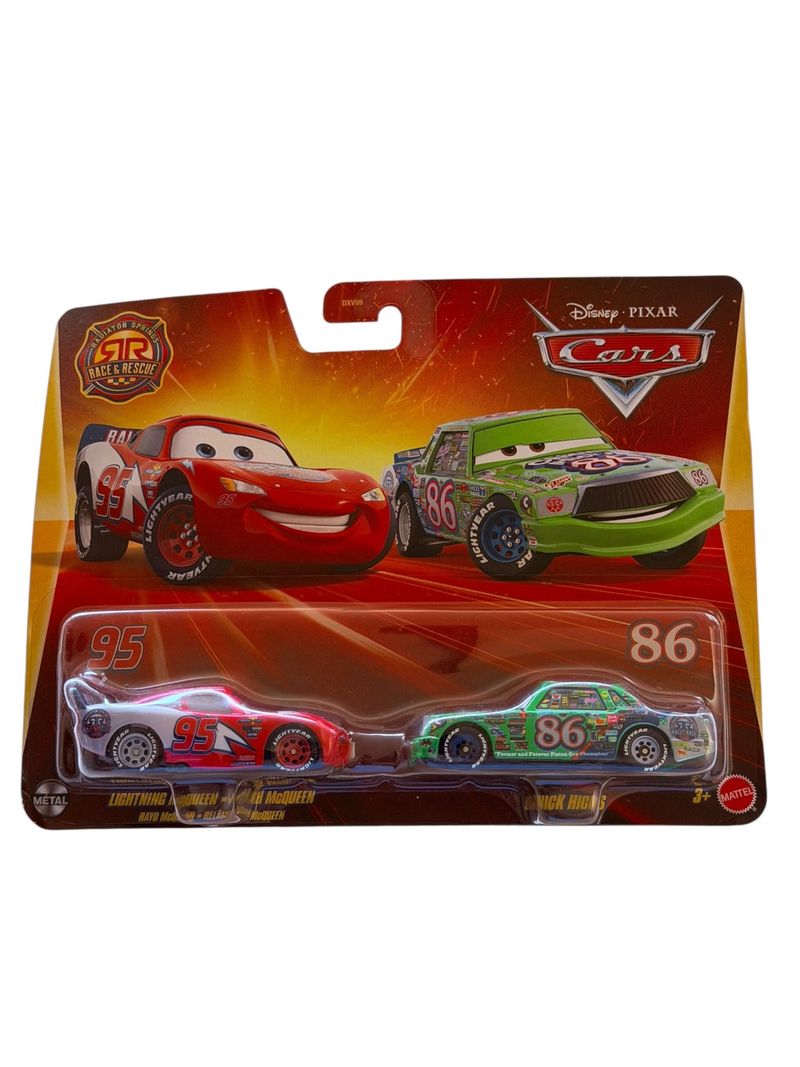 Empaque de Mattel Cars con los autos de metal Lightning McQueen rojo y blanco y Chick Hicks verde con numero 86.