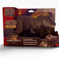 Figura de T-Rex marrón oscuro de Jurassic World en su caja con detalles rojos y amarillos