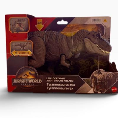 Figura de T-Rex marrón oscuro de Jurassic World en su caja con detalles rojos y amarillos