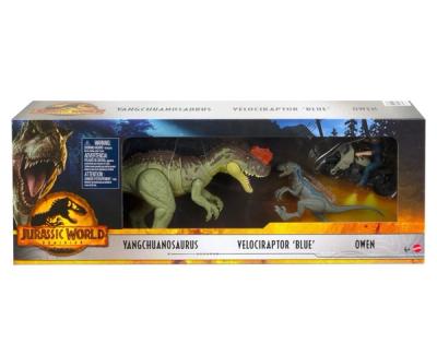Set de figuras Jurassic World Dominion Yangchuanosaurus Velociraptor Blue Owen Mattel