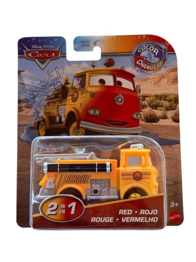 Empaque de Mattel Cars Color Changers con el camión de bomberos Red amarillo y detalles en gris y negro.