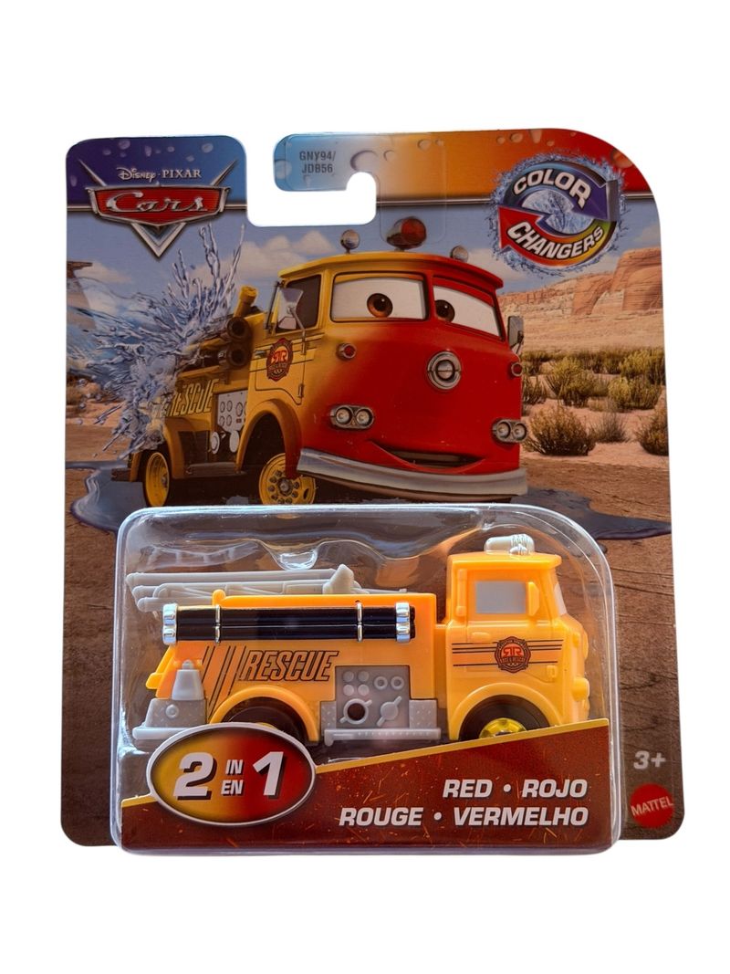 Empaque de Mattel Cars Color Changers con el camión de bomberos Red amarillo y detalles en gris y negro.