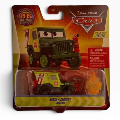 Empaque de carton y burbuja plastica con auto Sarge verde militar de Cars y accesorio de flama de fuego