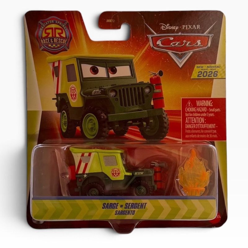 Empaque de carton y burbuja plastica con auto Sarge verde militar de Cars y accesorio de flama de fuego