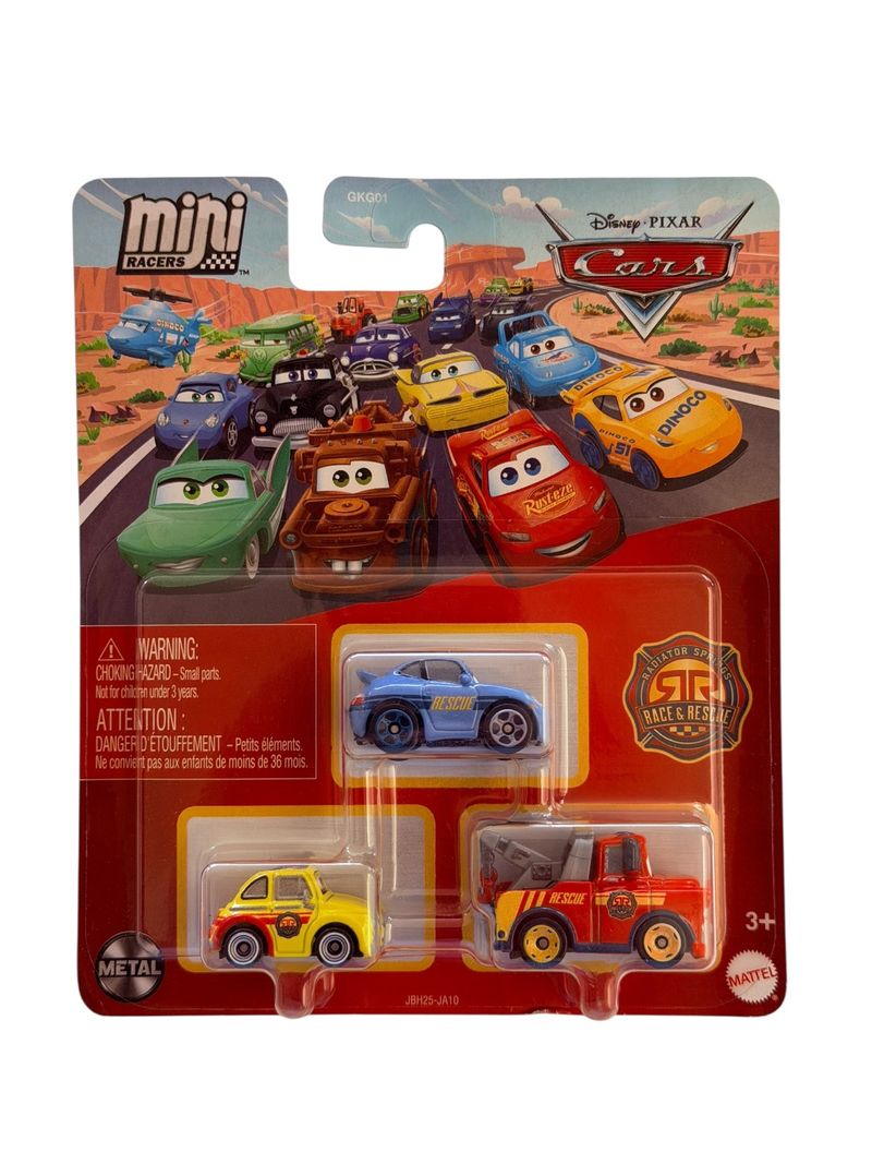 Empaque de Cars Mini Racers con tres autos metalicos: uno azul, uno amarillo pequeno y un camion de bomberos rojo