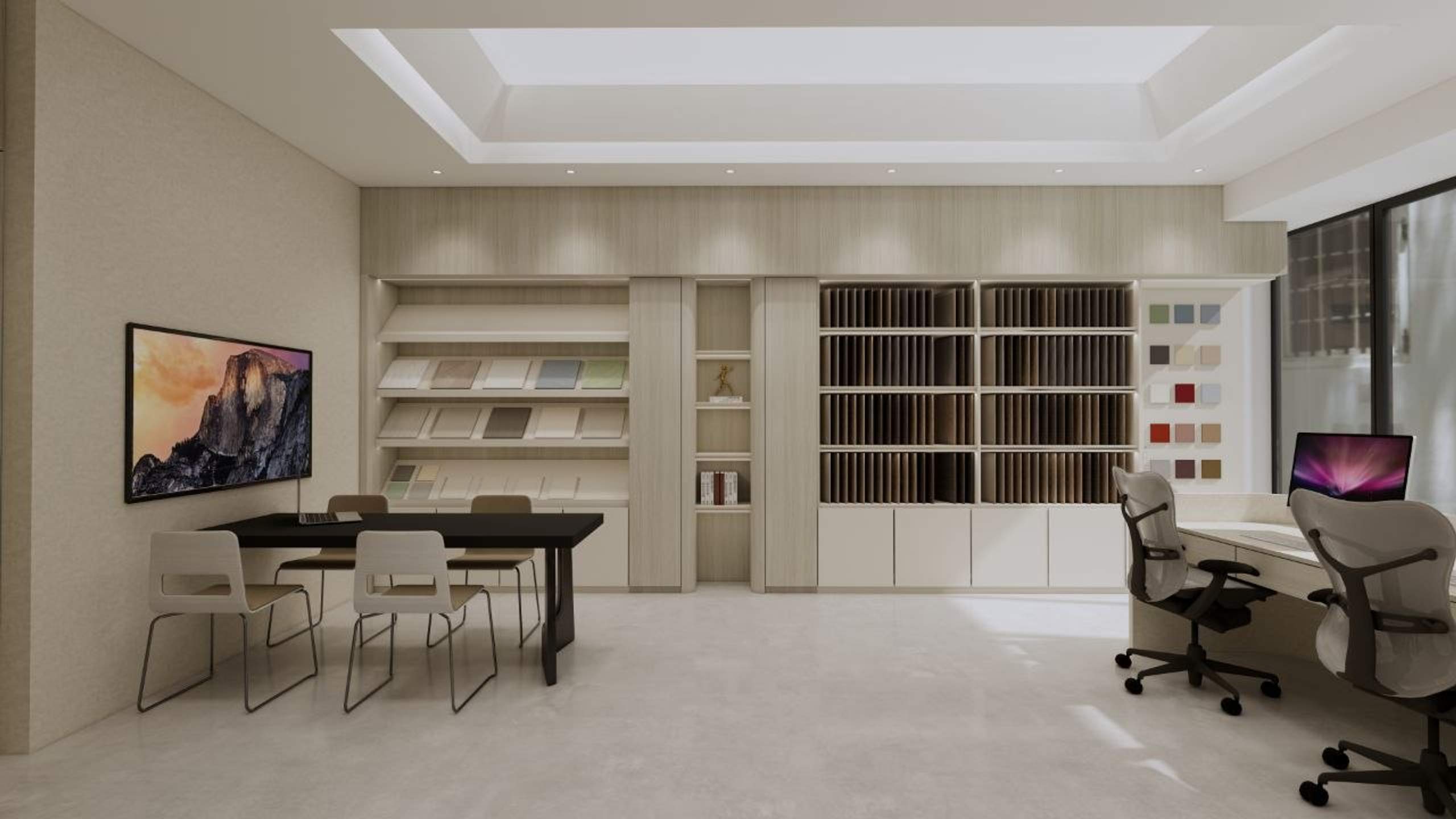洽談區與建材展示櫃｜3D 設計示意圖